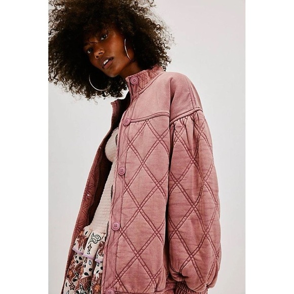 New Free People Juno Jacket Quilted Oversized Bomber Coat Pink Nostalgia Rose - Picture 3 of 11